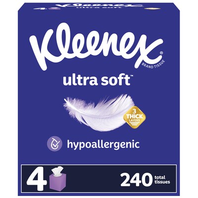 Kleenex Ultra Soft Facial Tissue, 3-Ply, 60 Sheets/Box, 4 Boxes/Pack (54308)