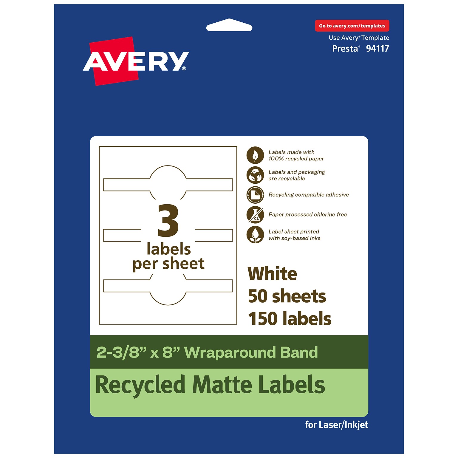 Avery EcoFriendly Laser/Inkjet Decorative Edge Multipurpose Labels, 2-3/8 x 8, White, 150/Box (94117)