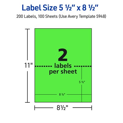 Avery Laser Shipping Labels, 5-1/2" x 8-1/2", Neon Green, 200 Labels/Box (5952)