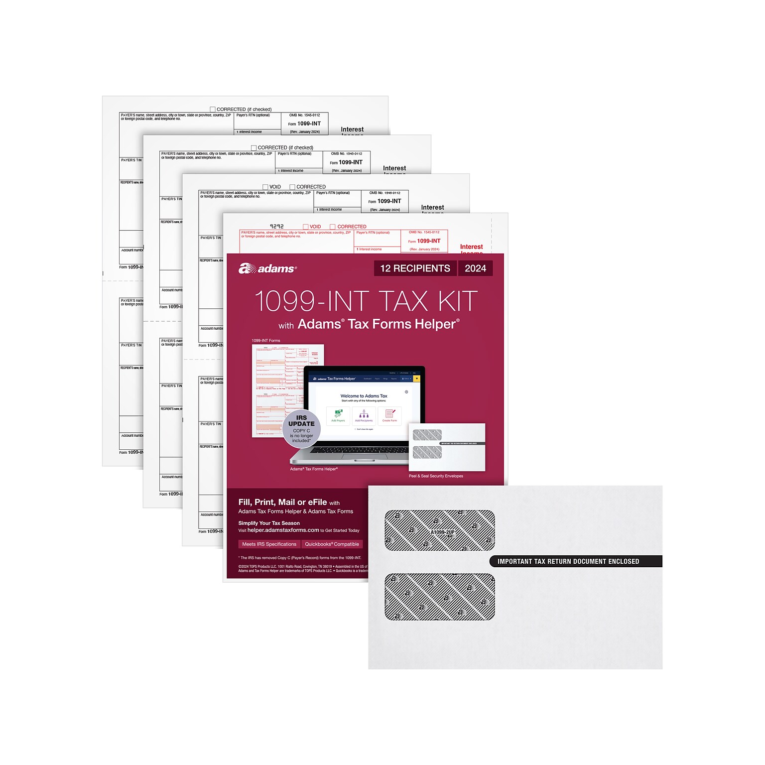Adams 2024 1099-INT Tax Form with Self-Seal Envelope, 4-Part, 2-Up, Copy A, 1, B, 2, 12/Pack