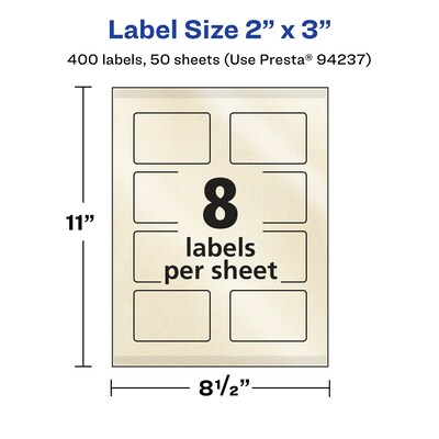 Avery Laser/Inkjet Rectangle Pearlized Labels, 2" x 3", Ivory, 400 Labels/Box (94237)