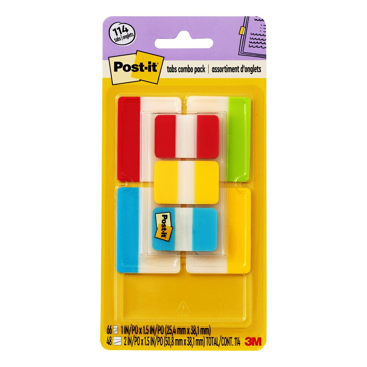 Post-it® Tabs Value Pack, 1 Wide and 2 Wide, Assorted Colors, 114 Tabs/Pack (686-VAD2)