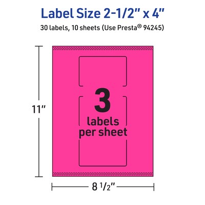 Avery Rectangle Laser/Inkjet Multipurpose Labels, 2.5" x 4", Neon Magenta (30/Pack)