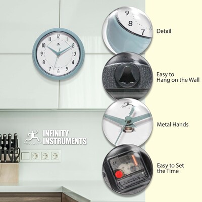 Infinity Instruments Round Retro Baby Blue Wall Clock, Aluminum, 9.5" (10940BB)