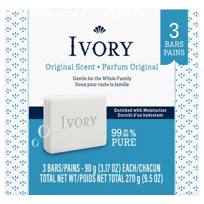 Ivory Gentle Bar Soap, Original Scent, 3.17 oz., 3 Bars/Pack, 24 Packs/Carton (12364)