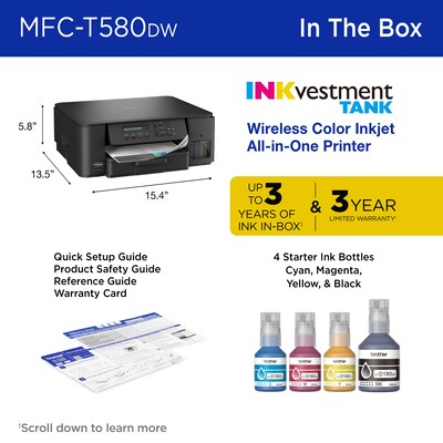 Brother INKvestment Tank MFC-T580DW Wireless Color All-In-One Supertank Inkjet Printer, Best for Home Office