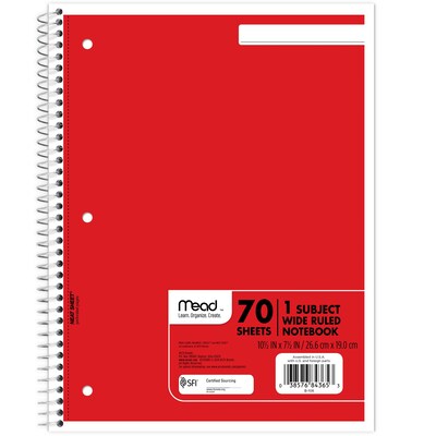 Mead 1-Subject Notebooks, 8" x 10.5", Wide Ruled, 70 Sheets, Assorted Colors (05510)
