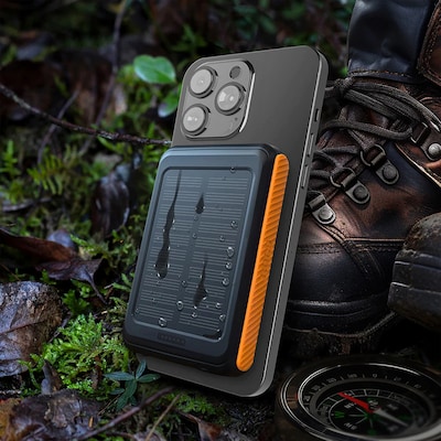 ToughTested ROC 5 MagSafe Wireless 5,000-mAh Solar Qi Power Bank with Flashlight, Black/Orange (TT-PBW-5C)