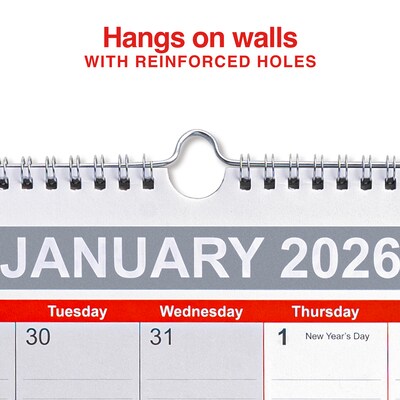 2026 Staples 12" x 17" Monthly Wall Calendar, White/Red/Gay (ST53913-26)