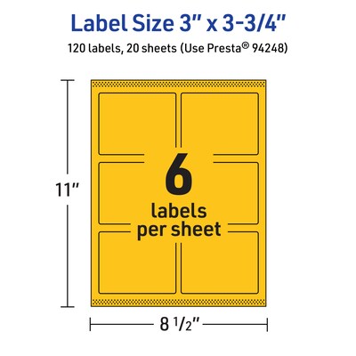 Avery Laser/Inkjet Rectangle Multipurpose Labels, 3" x 3.75", Bright Yellow, 120/Pack (94248)
