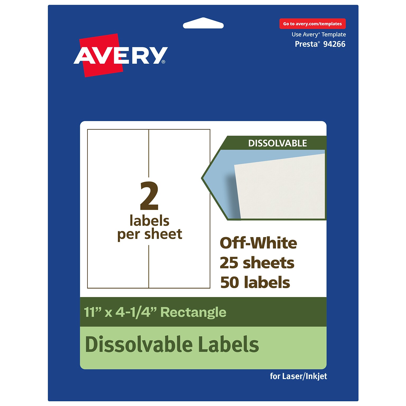 Avery Dissolvable Rectangle Multipurpose Labels, 11 x 4.25, Off-white, 50/Pack (94266)