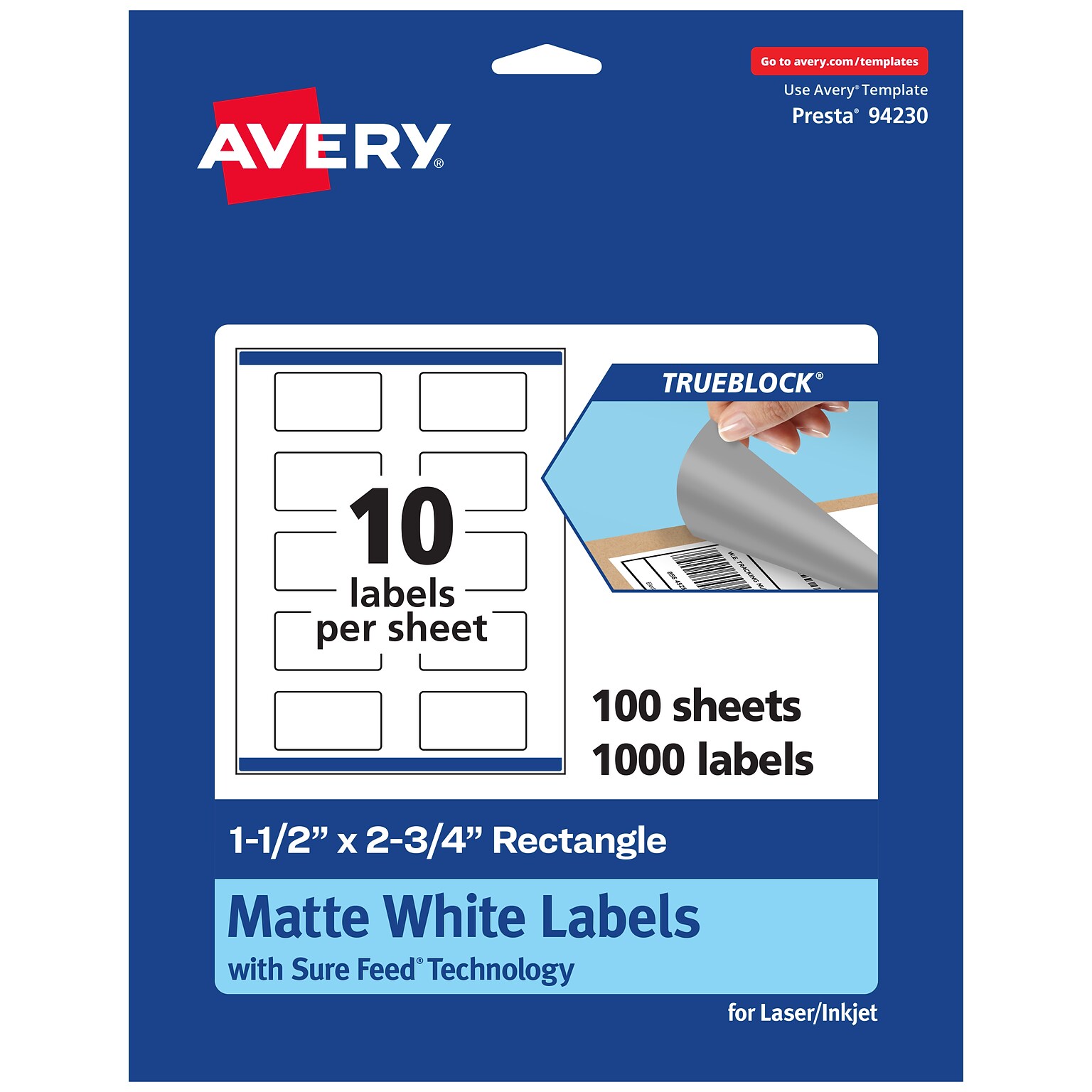 Avery TrueBlock Laser/Inkjet Rectangle Multipurpose Labels, 1.5 x 2.75, White, 1000/Box (94230)