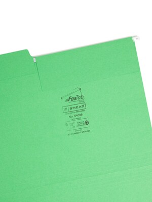 Smead FasTab Hanging File Folders, 1/3-Cut Tab, Letter Size, Green, 20/Box (64098)