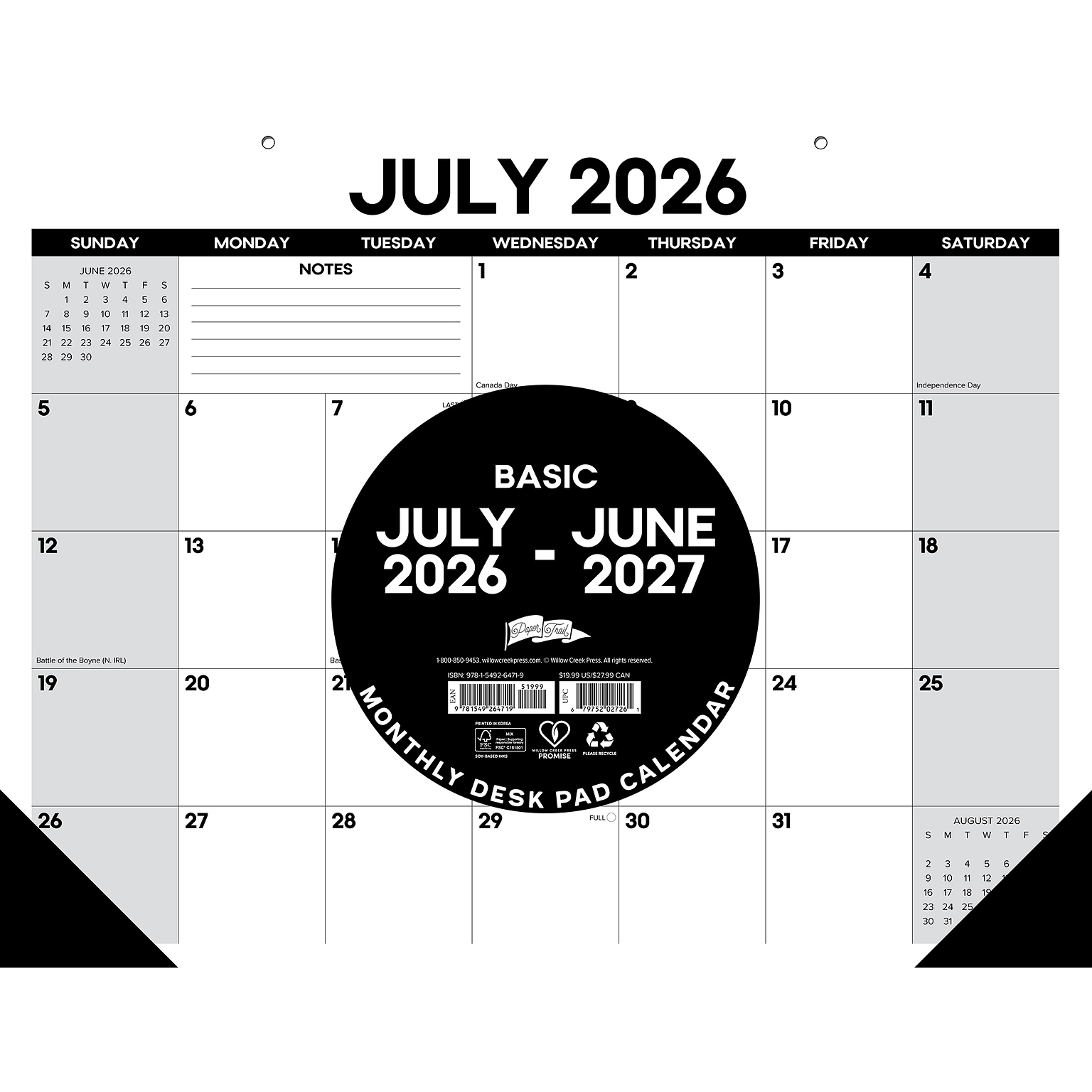 2026-2027 Willow Creek Basic 22 x 17 Academic Monthly Desk Pad Calendar, Black/White (64719)