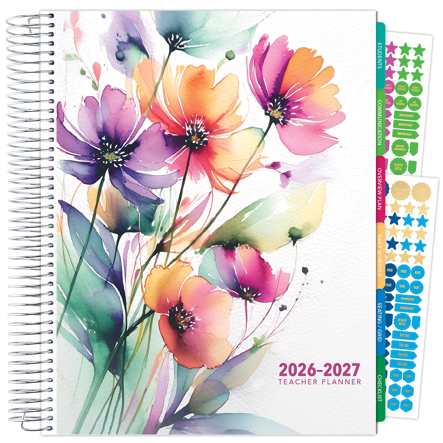 2026-2027 Excello Brands 8.5 x 11 Academic Weekly & Monthly Teacher Planner, Paperboard Cover, Rainbow Floral (DTP-AY26-0053)