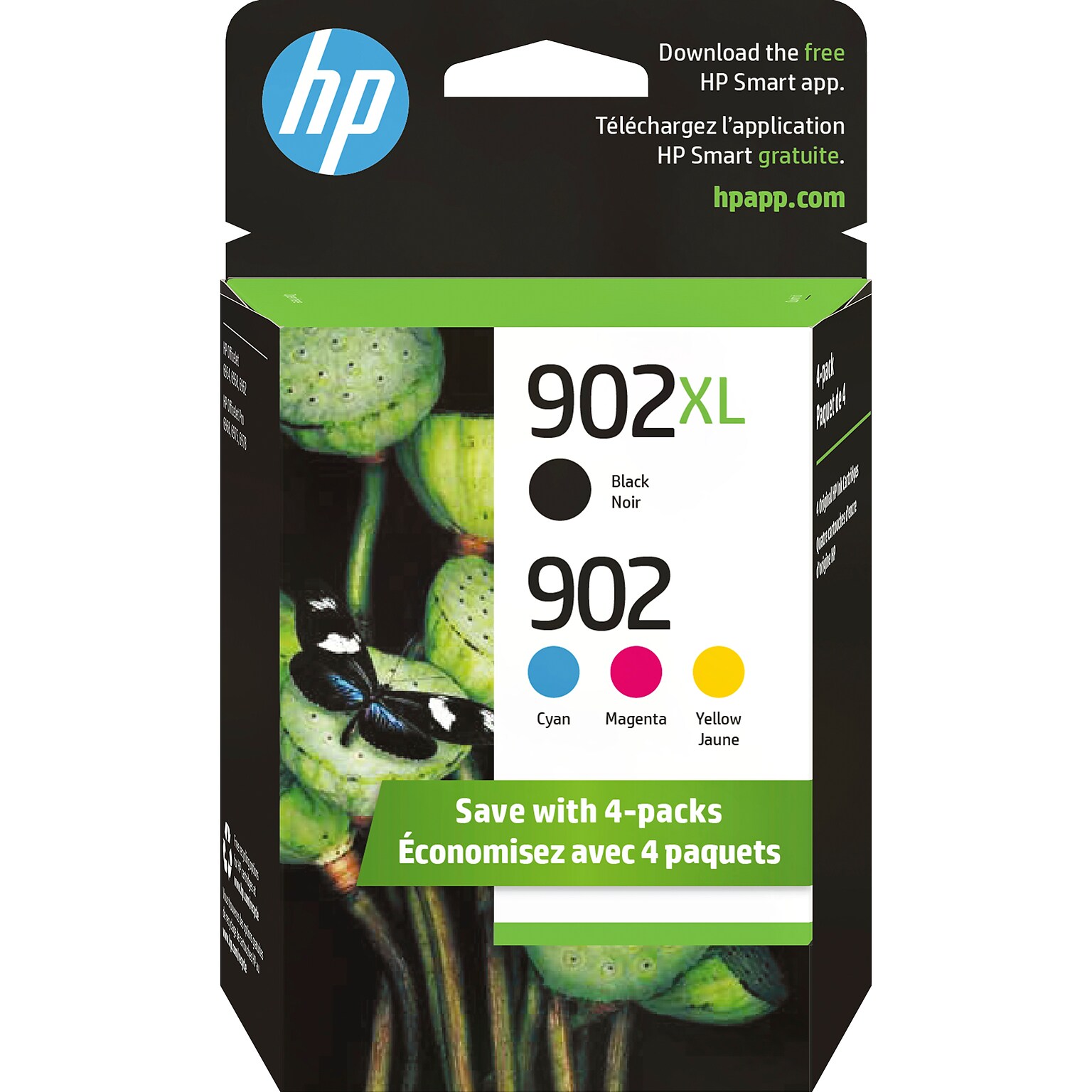 HP 902XL/902 Black High Yield and Cyan/Magenta/Yellow Standard Yield Ink Cartridge, 4/Pack (T0A39AN#140)