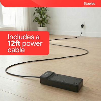 Staples TECH 8-Outlet Surge Protector, 12', 4500 Joules, Black (ST62782)
