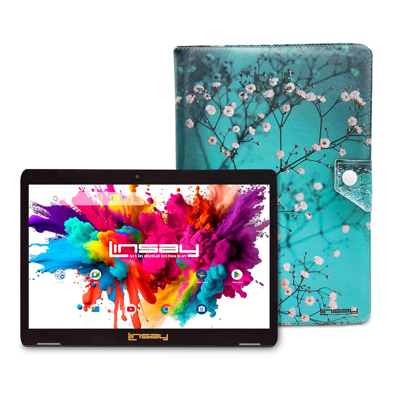 Linsay Octa Core 10.1 Tablet, 4GB RAM, 128GB Storage, Android 13, Bundled with Flowers Marble Case and Stylus Pen