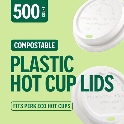 Perk™ Eco Compostable Plastic Hot Cup Lid, 10/12/16 Oz., White, 500/Carton (PK56218CT)