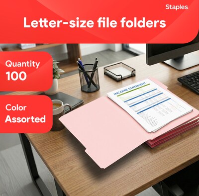 Staples File Folders, 1/3-Cut Tab, Letter Size, Assorted, 100/Pack (ST22953-CC)
