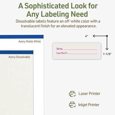 Avery Dissolvable Rectangle Multipurpose Labels, 1-1/3" x 4", Off-white, 350/Pack (94206)