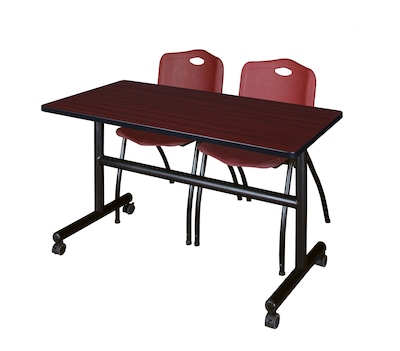 Regency Kobe 48 Flip Top Mobile Training Table- Mahogany & 2 M Stack Chairs- Burgundy