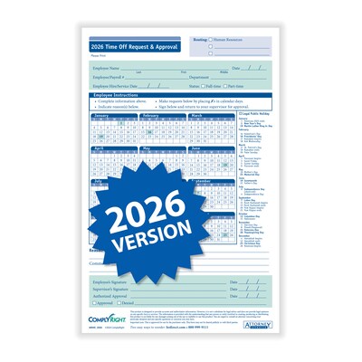 ComplyRight 2026 Time Off Request and Approval Form, 2-Part, 50 Forms/Pack (A0045)