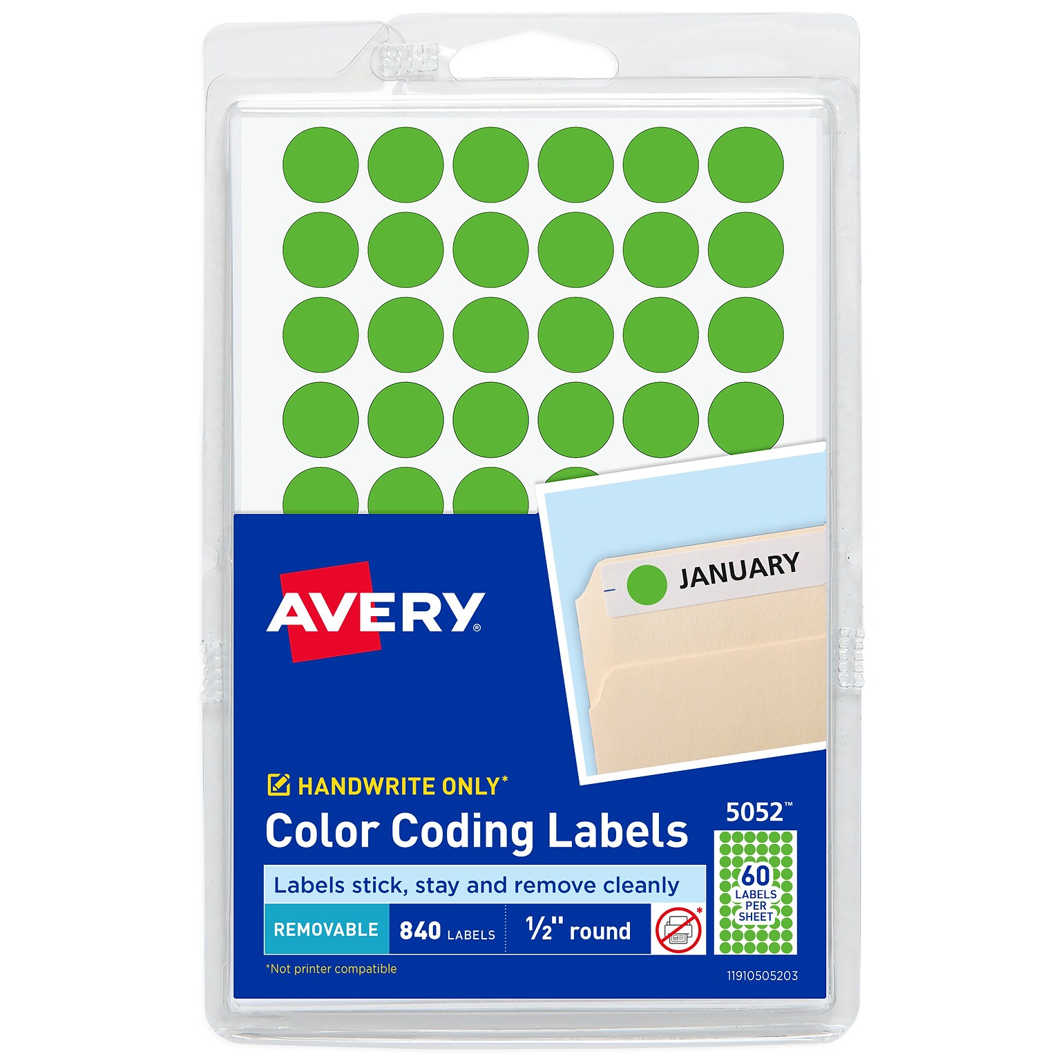 Avery Color-Coding Labels, 1/2  Dia, Neon Green, Non-Printable, 840 Labels/Pack (5052)