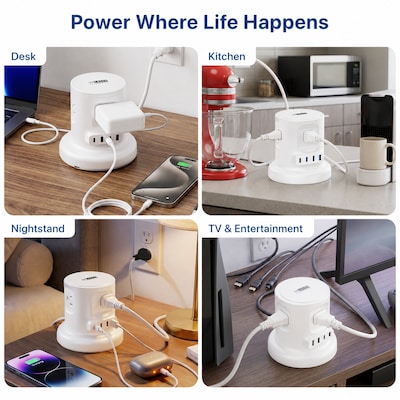 Uncaged Ergonomics Retractable Power Strip with USB-C, 4 AC Outlets, 4 USB Ports and 6ft Retractable Cord, White (RC-white)