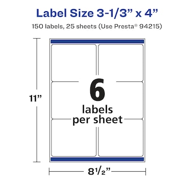 Avery Laser/Inkjet Waterproof Multipurpose Rectangle Labels, 3.33" x 4", White, 150 Labels/Pack (94215)