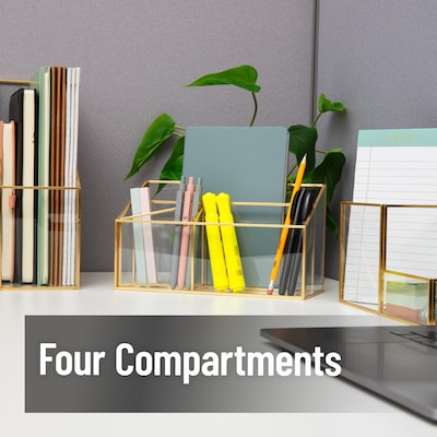 Mind Reader 4-Compartment Glass Desktop Organizer, Gold (3GORG-GLD)
