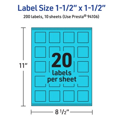 Avery Laser/Inkjet Multipurpose Square Labels, 1.5" x 1.5", Bright Blue, 200/Pack (94106)