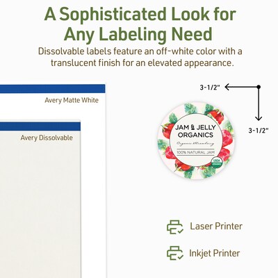 Avery Dissolvable Circle Multipurpose Labels, 3.5" Dia., Off-white, 20/Pack (94514)