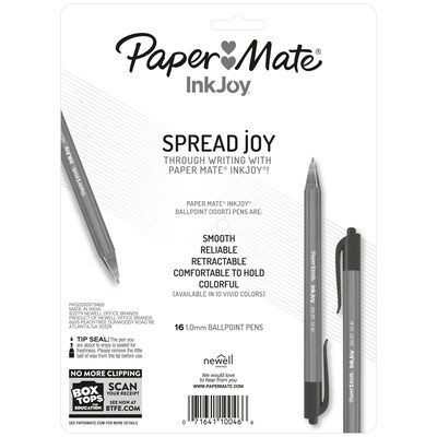 Paper Mate InkJoy Retractable Ballpoint Pens, Medium Point, Black Ink, 16/Pack (1952705)