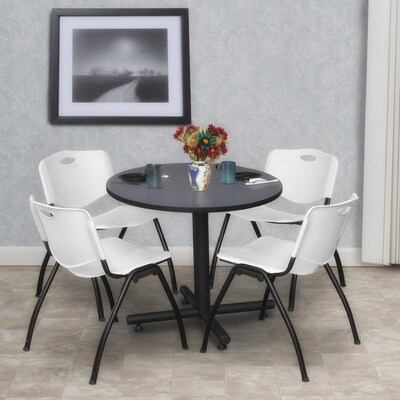 Regency Kobe 30" Round Breakroom Table- Grey & 4 'M' Stack Chairs- Grey