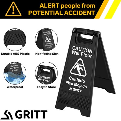 Gritt Commercial Safety "Caution Wet Floor" A-Frame/Sandwich Board Sign, 24"H, Black, 3/Pack (GRI184-BLK-3PK)