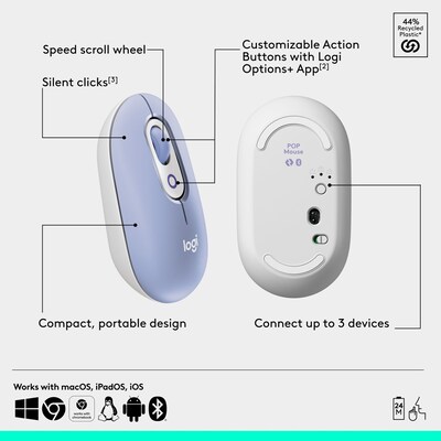 Logitech POP Wireless Ambidextrous Optical Mouse, Lilac (910-007410)
