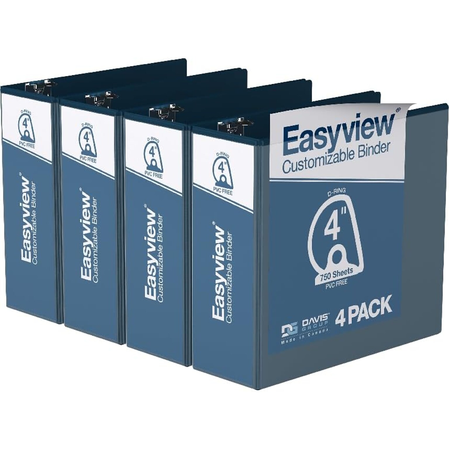 Davis Group Easyview Premium 4 Angle D Ring, Customizable, View Binder, Navy Blue, 4/Pack (8406-72)