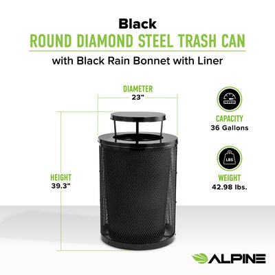 Alpine Industries 4460 Steel Mesh Trash Can with Covered Top with Open Sides Lid, 36 Gallon, Black (ALP4460-01-B)