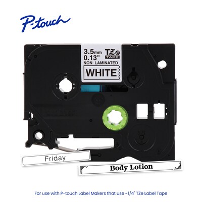 Brother P-touch Narrow Non-Laminated Label Tape, 9/64" x 26.2', Black on White (TZeN201)