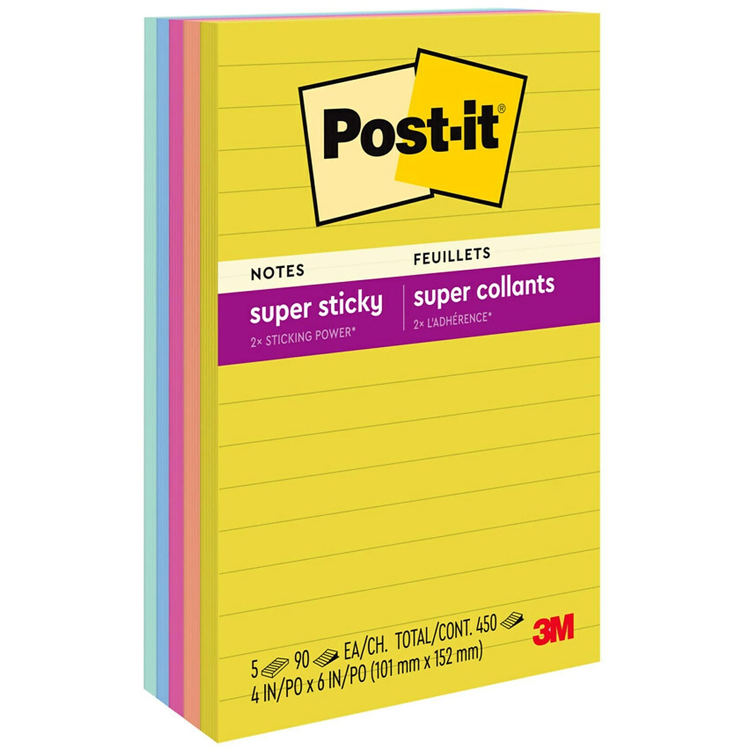 Post-it Super Sticky Notes, 4 x 6, Summer Joy Collection, Lined, 90 Sheet/Pad, 5 Pads/Pack (660-5SSJOY)