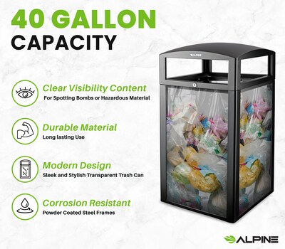Alpine Industries Steel/PC Outdoor Trash Can with Dome Lid, 40 Gallon, Clear (471-40-CLR)