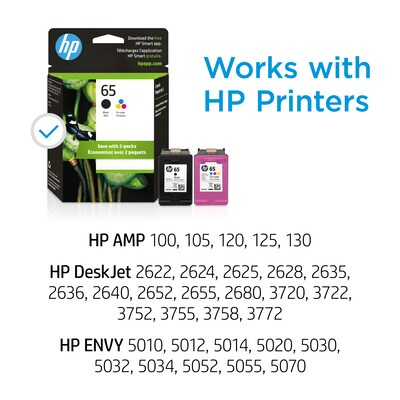 HP 65XL/65 Black High Yield and Tri-Color Standard Yield Ink Cartridge, 2/Pack (6ZD95AN)