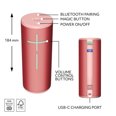 Ultimate Ears BOOM 4 Wireless Portable Bluetooth Speaker, Raspberry Red (984-002004)