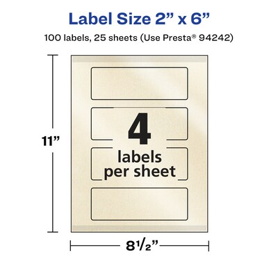 Avery Pearlized Ivory Rectangle Multipurpose Labels, 2" x 6", Ivory, 100/Pack (94242)