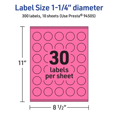 Avery Laser/Inkjet Round Multipurpose Labels, 1.25" Dia., Bright Pink, 300/Pack (94505)