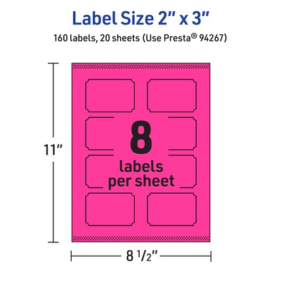 Avery Laser/Inkjet Rectangle Scalloped Multipurpose Labels, 2" x 3", Neon Magenta, 160/Pack (94267)
