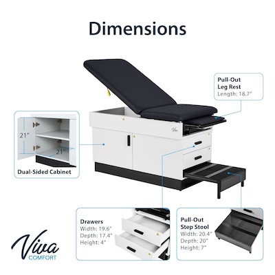 Viva Comfort Slimline Exam Table Base with Leg Rest, Step Stool and Drawers, 420 lbs Capacity, Black (ADI996-FBASE-M2-BLK)