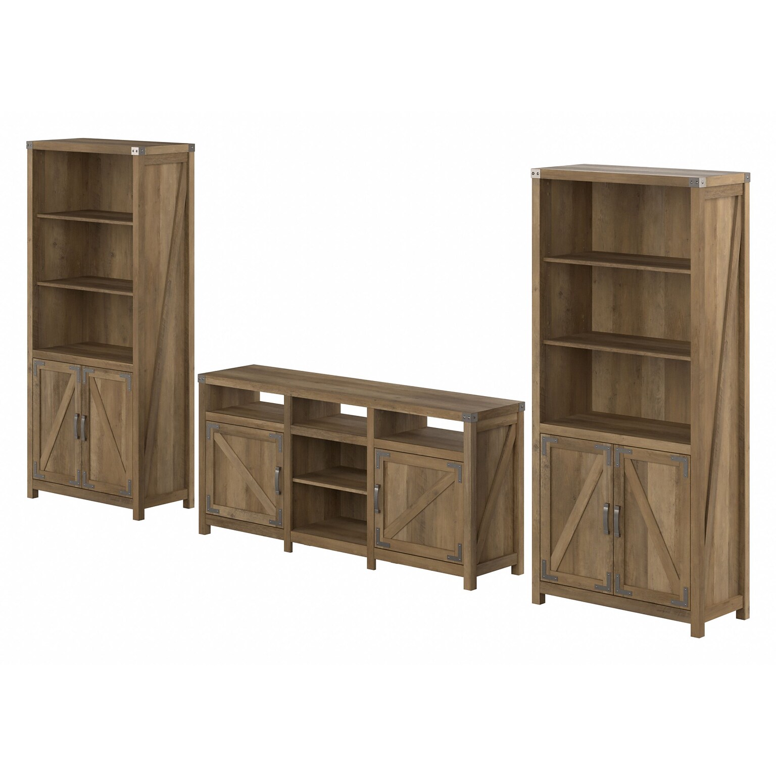 Bush Furniture Knoxville Console TV Stand with 5 Shelf Bookcases with Doors, Screens up to 70, Reclaimed Pine (CGR021RCP)