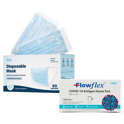 FlowFlex COVID-19 Antigen Rapid Home Test Kit & WeCare Disposable Face Mask, 3-Ply, Adult, Blue, 50/